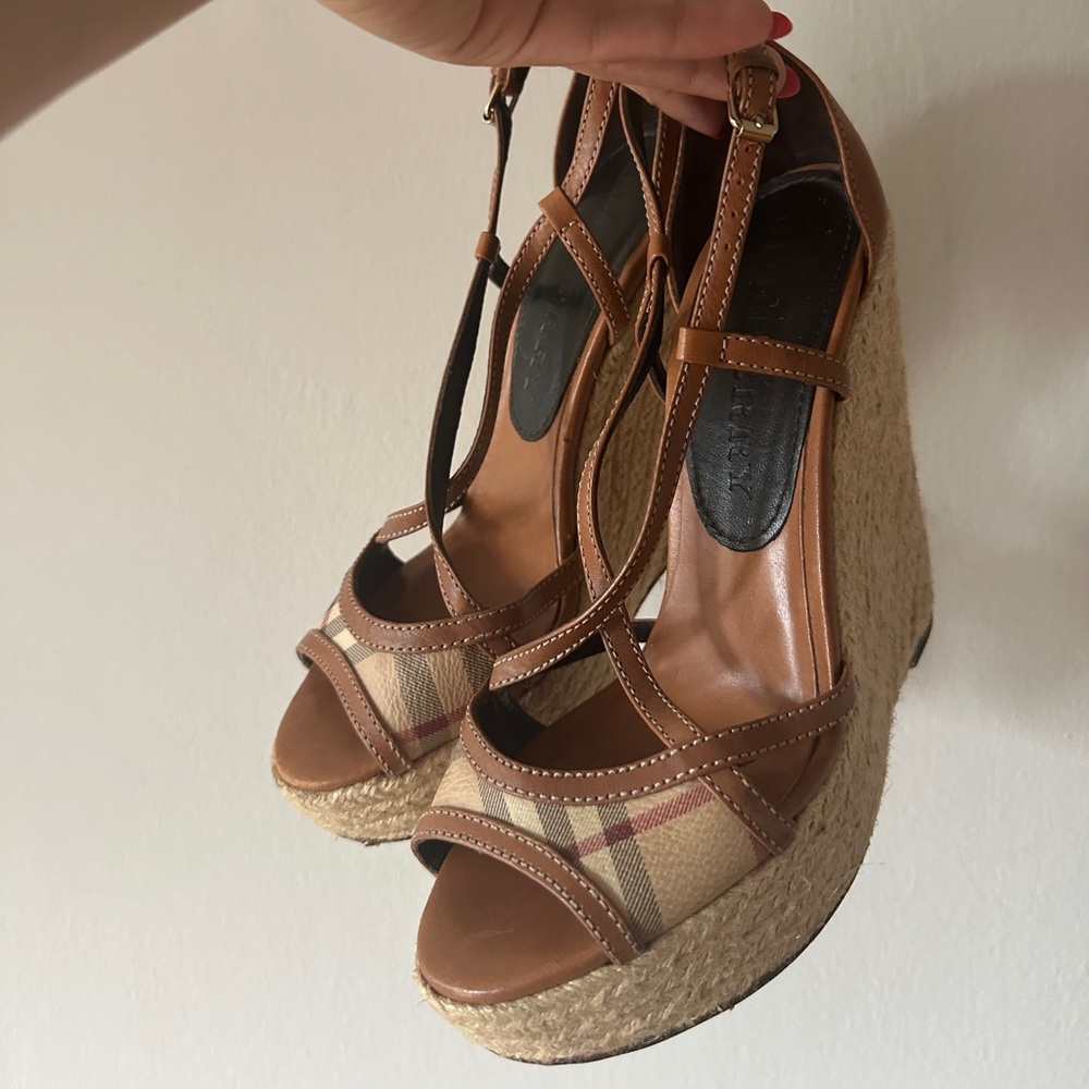 Burberry Brown Leather Novacheck Cross Strap Espadrille Wedge Sandals